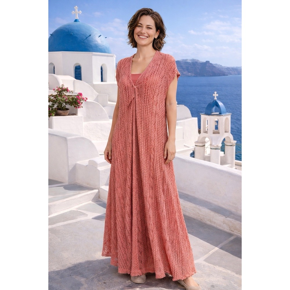 Colleen Lopez Dress Womens 2XL Coral Open Knit Crochet Metallic Maxi V Neck Boho